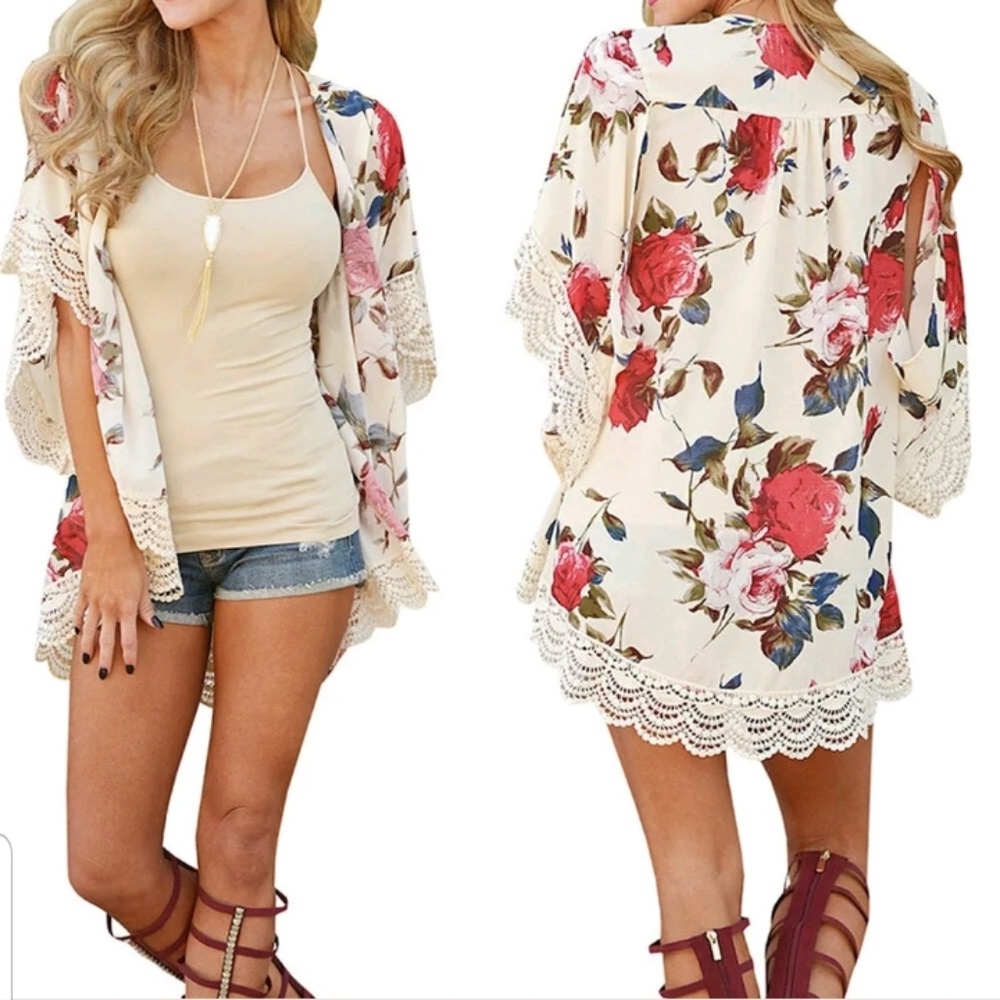 GORGEOUS FLORAL LACE CHIFFON COVERUP TOP BLOUSE